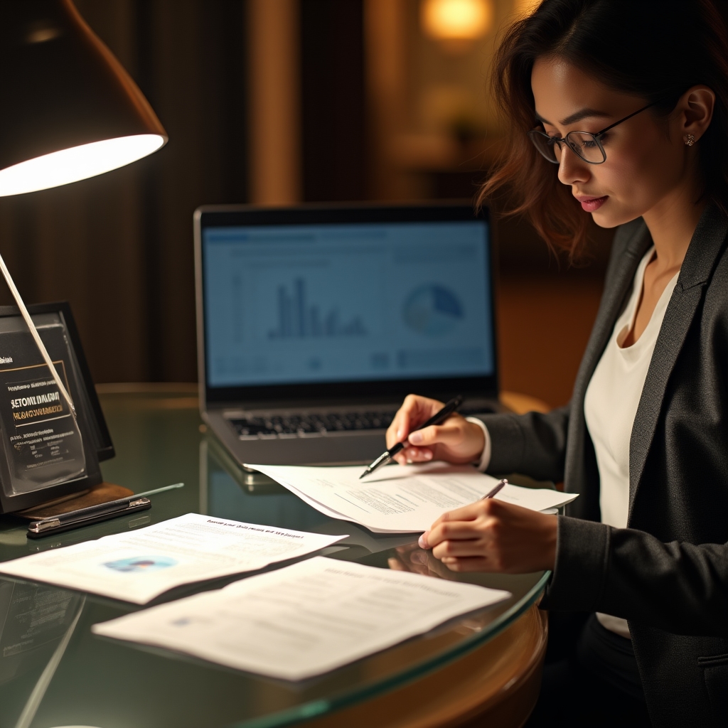 Compliance documentation and regulatory filings on a clean professional desk