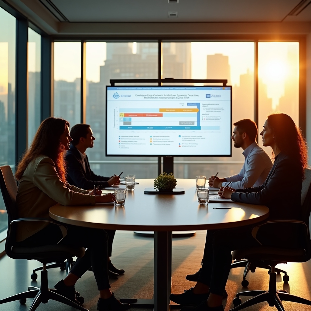 Crestmont team in strategic planning session around conference table with digital displays